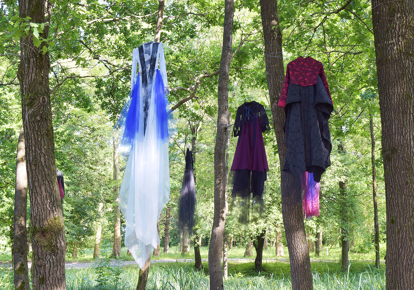 Site-specific Installation sculpture textile sculpture Costume Design  sewing legendfest Outdoor installation Witches Fairies