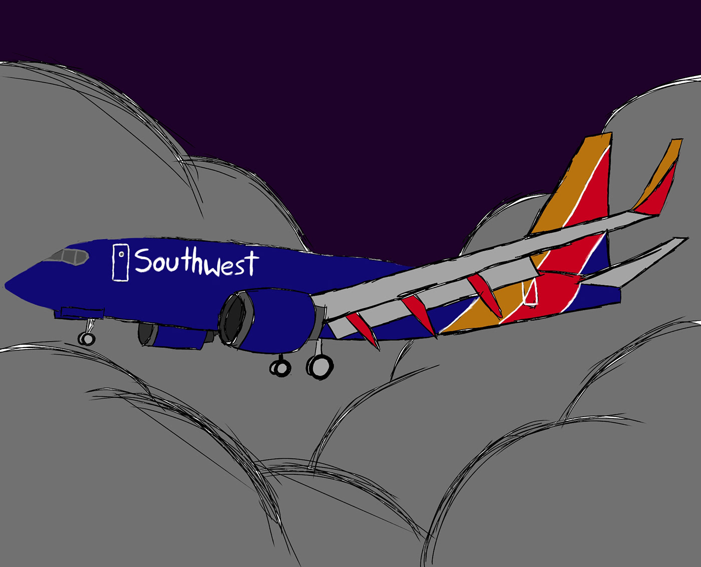 airplane aviation Drawing  color southwest clouds night