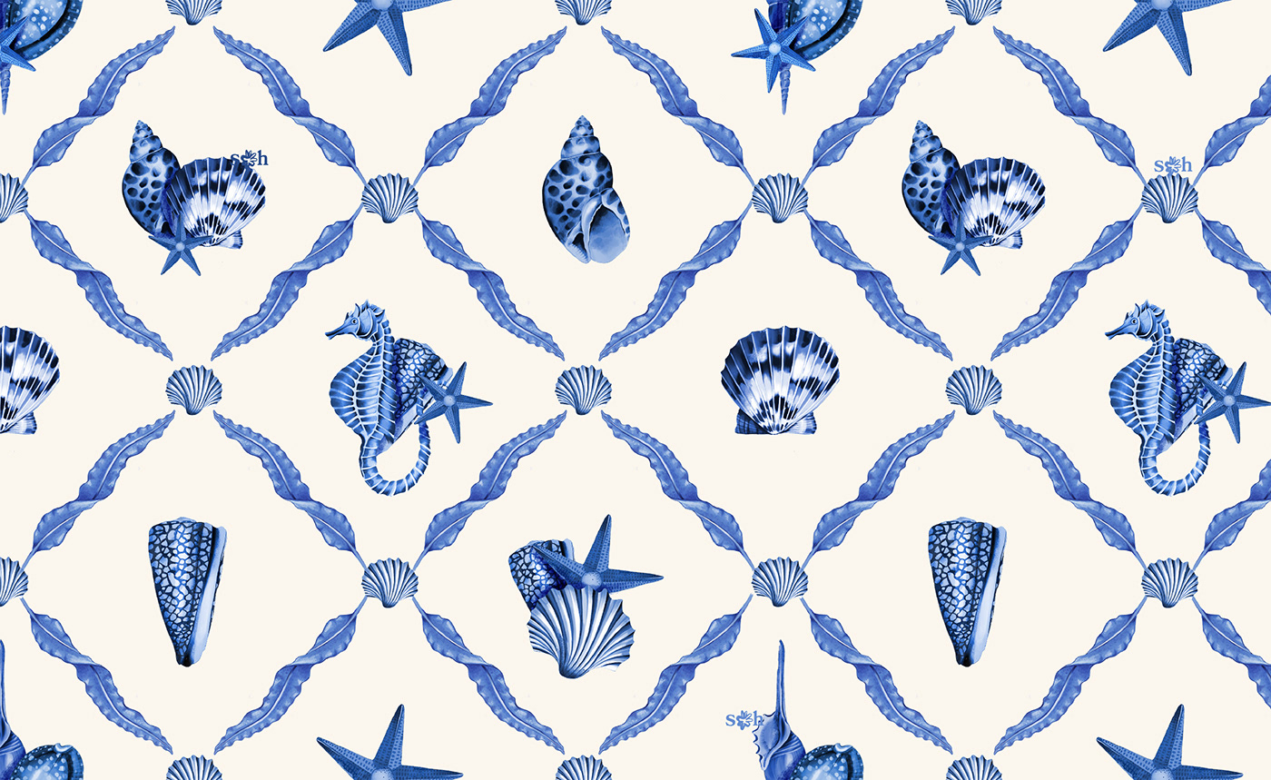 campaign digital illustration Fashion  ILLUSTRATION  Ocean pattern print sea shell textile design 