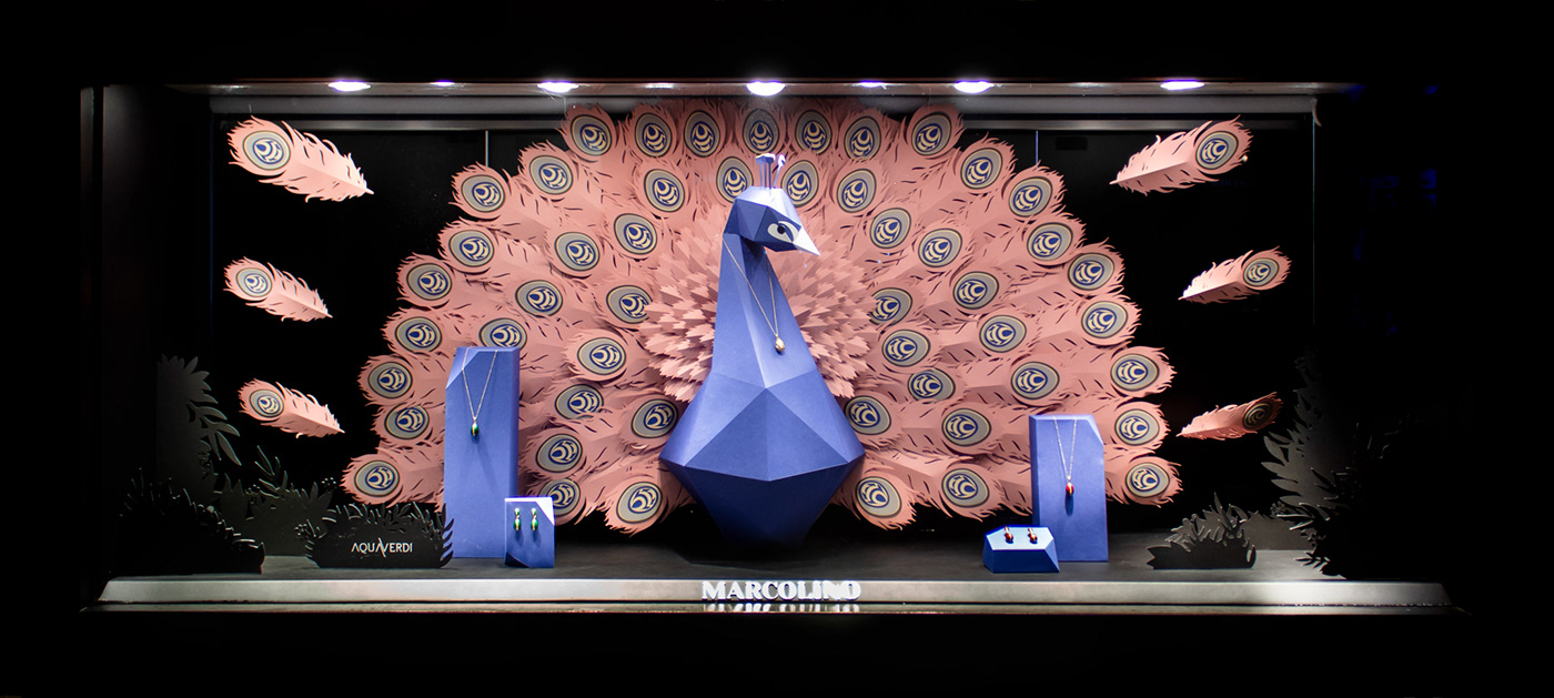 paper craft papercut Low Poly jewelry display Faberge Store Display pink peacock jewels Display