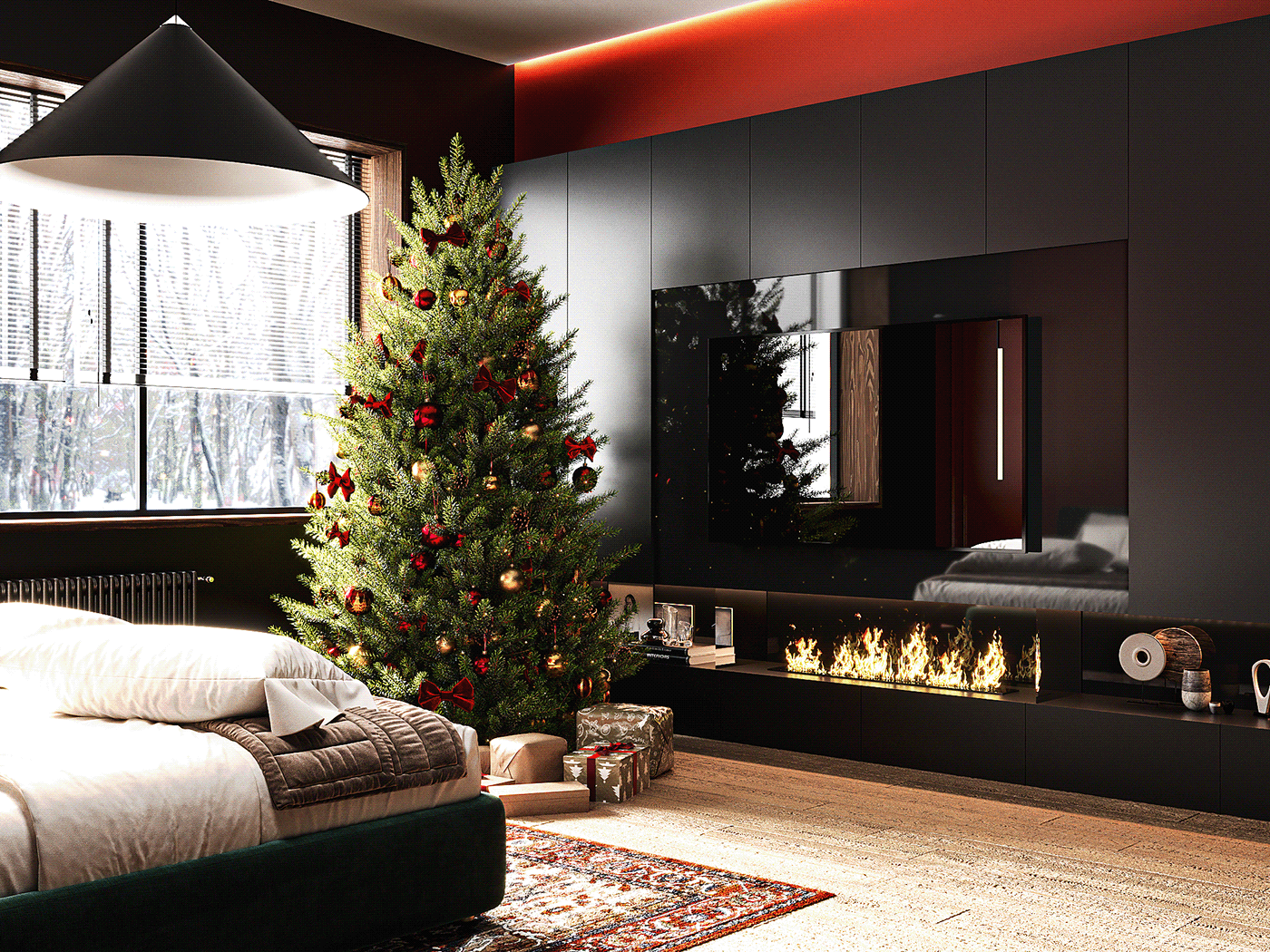 christmas Tree new year winter snow bedroom Interior 3ds max Render visualization interior design 