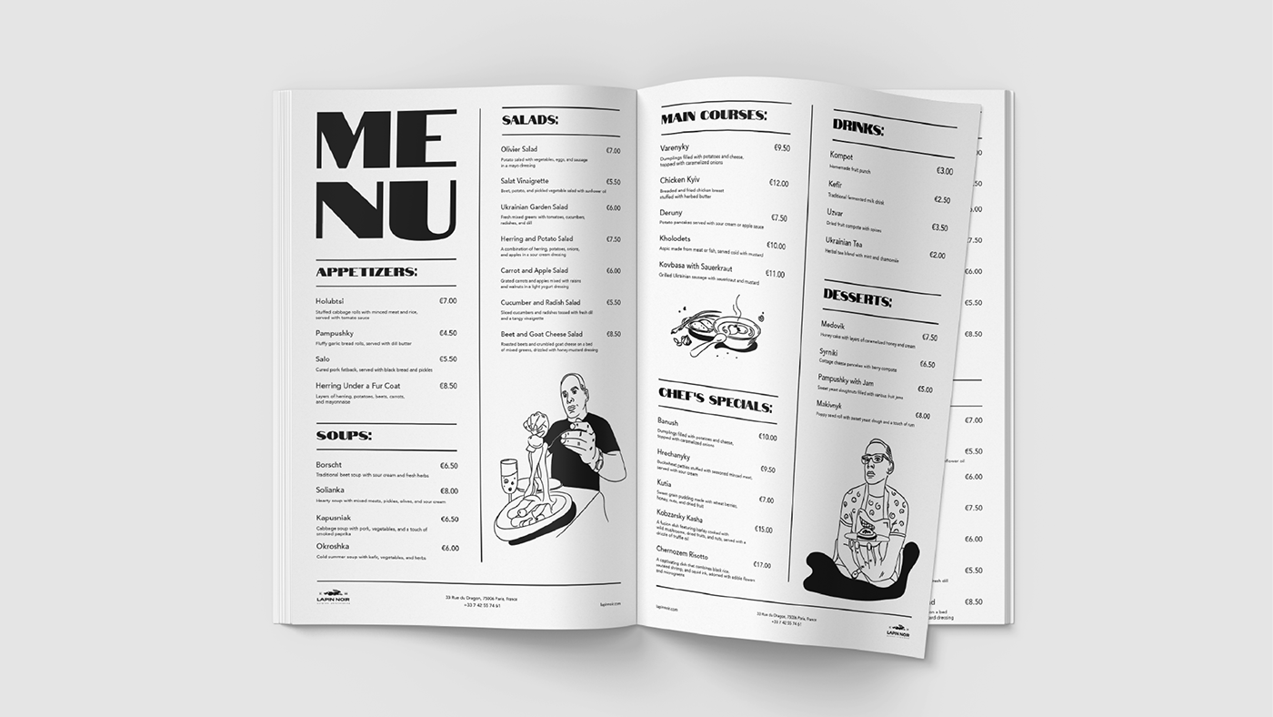 Menu with illustrations for the restaurant.