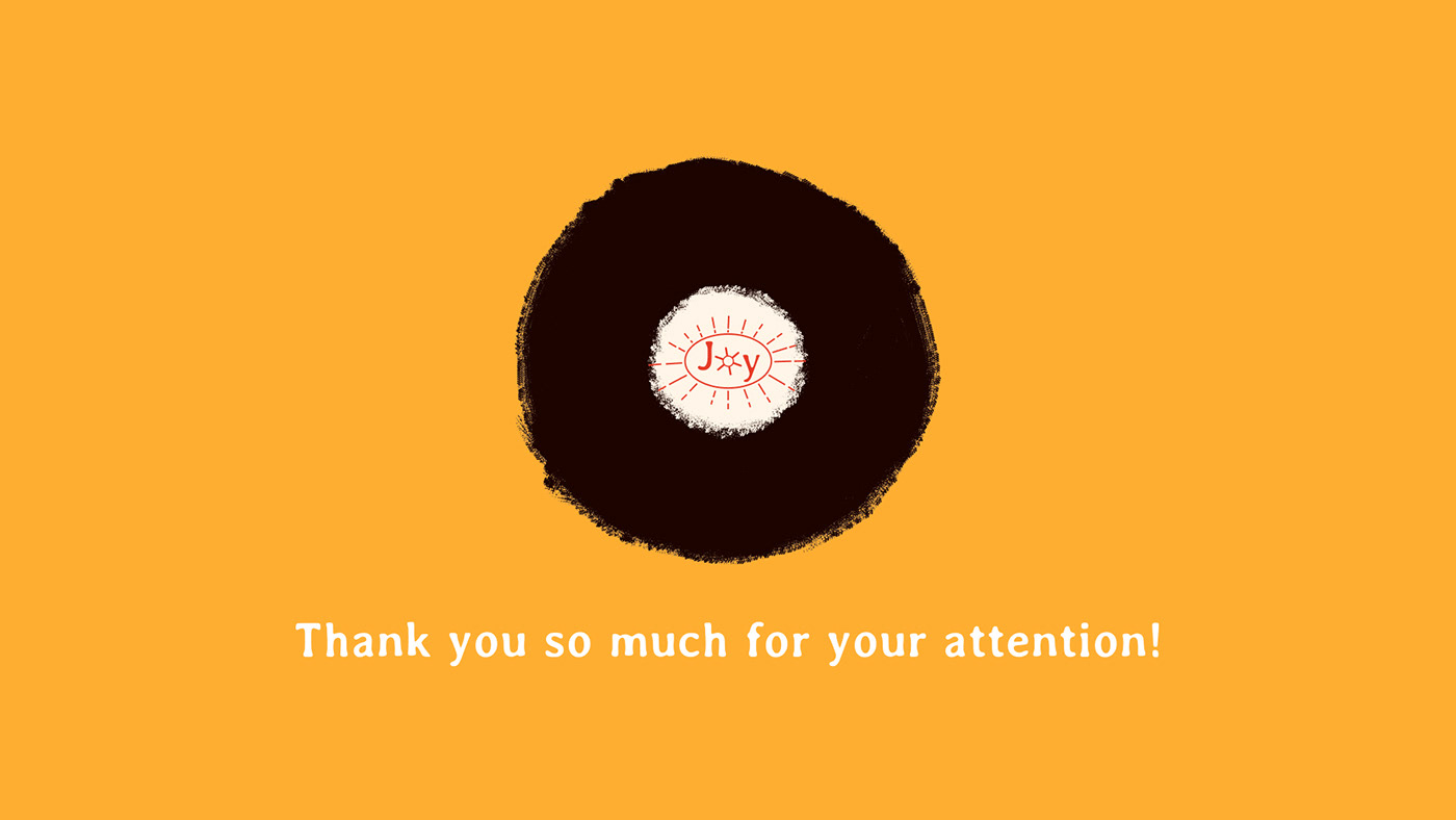 Thank you screen, yellow background, vinyl record illustration, minimalistic, logo