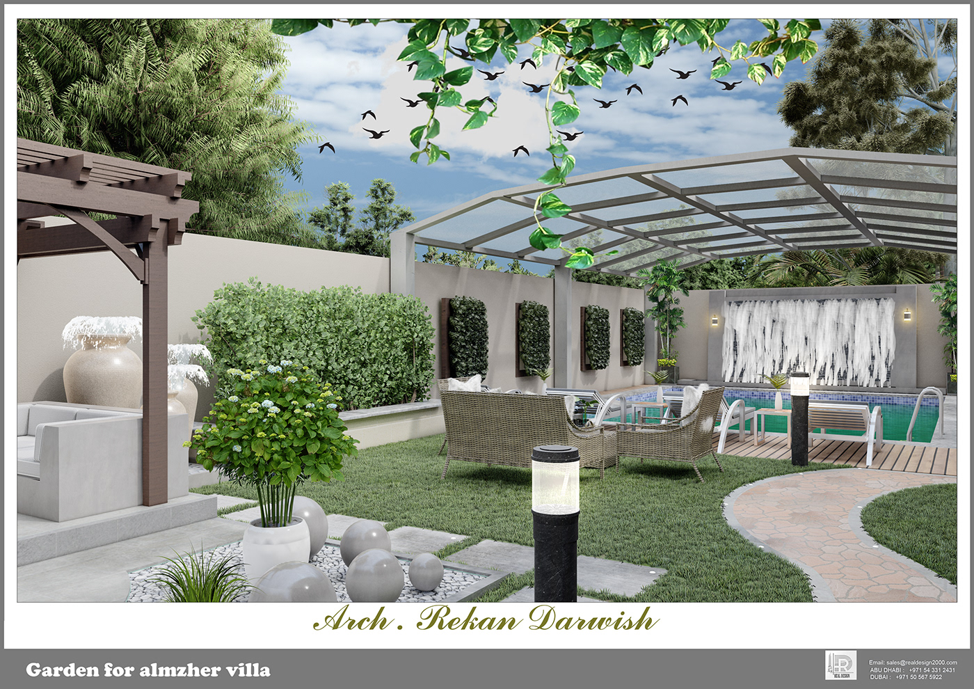 architecture design exterior fountain garden landsape modern Render swimming pool visualization