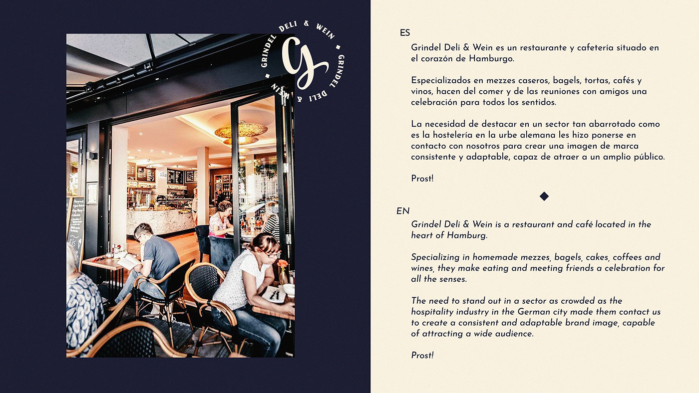 Introduction to Grindel Deli & Wein cafe and restaurant visual identity.