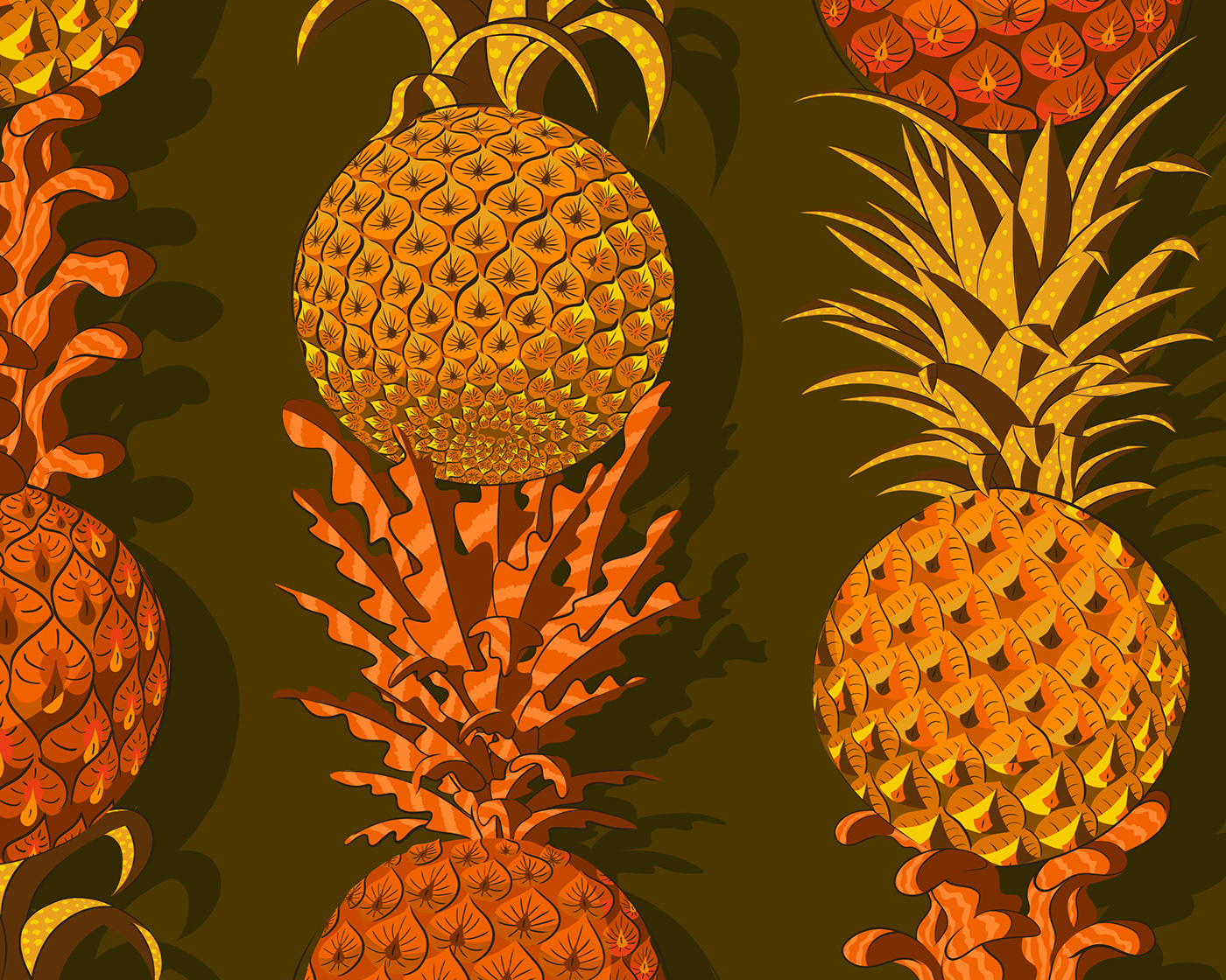 Digital illustration showing illustrations of orange pineapples stacked on top of one another.