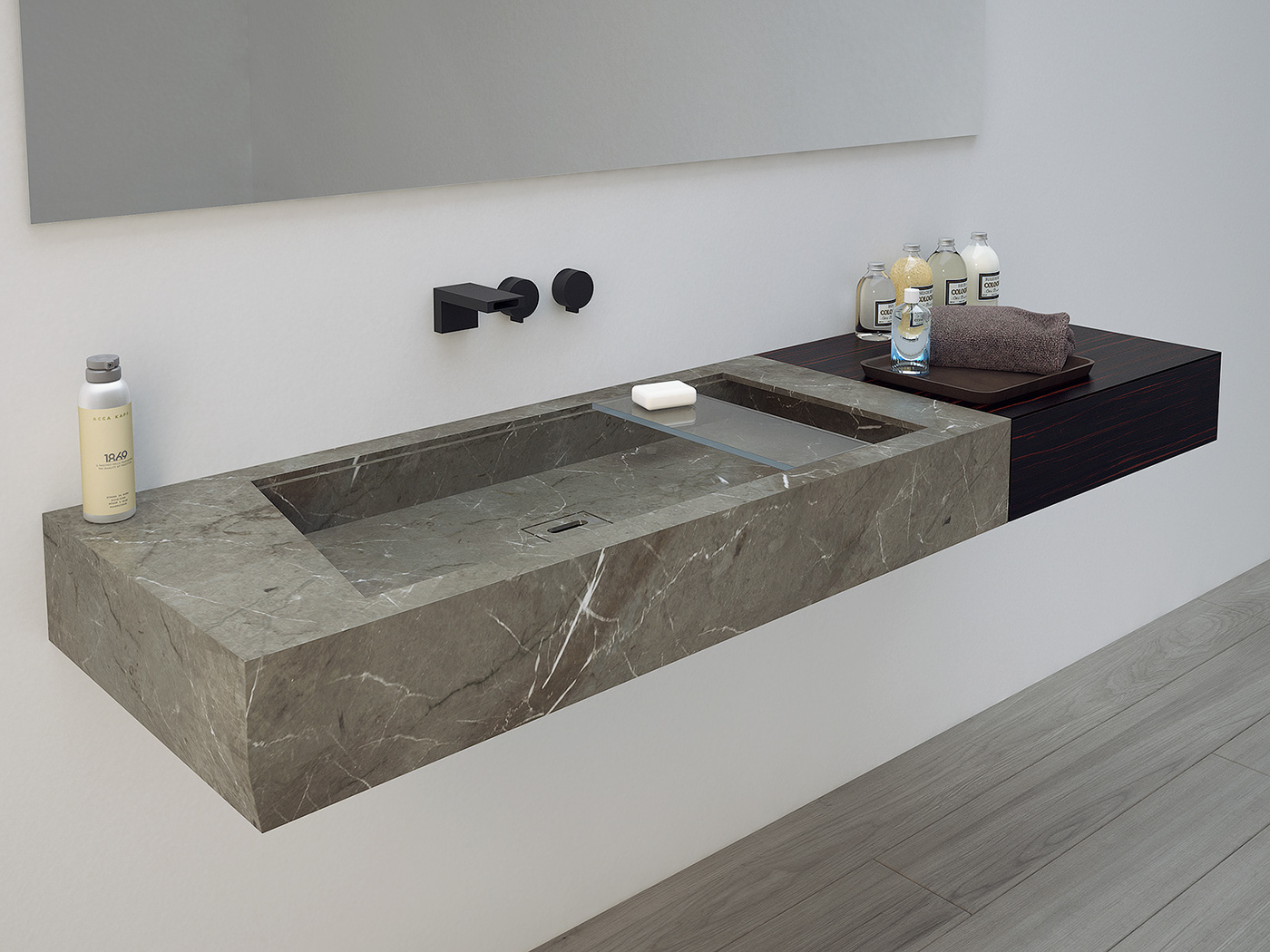 3D furniture Basin CGI CG wood Marble bath mirror towel soap visual Render