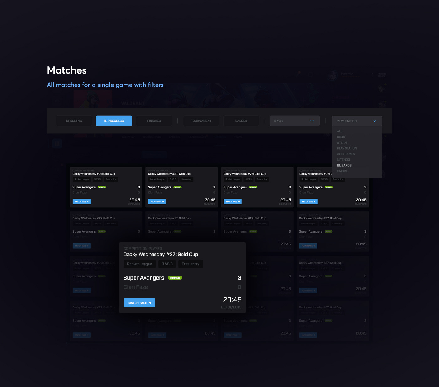 battleroyale competitive dashboard esports Gaming Matchmaking Platform UI ragebite ux