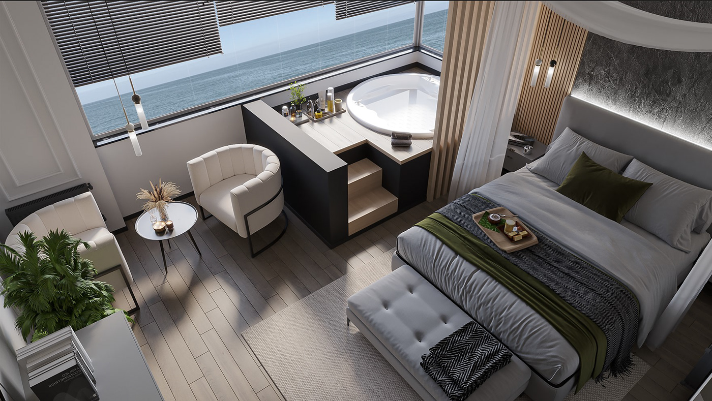 architecture visualization 3ds max corona Render hotel room design modern 3D innterior design