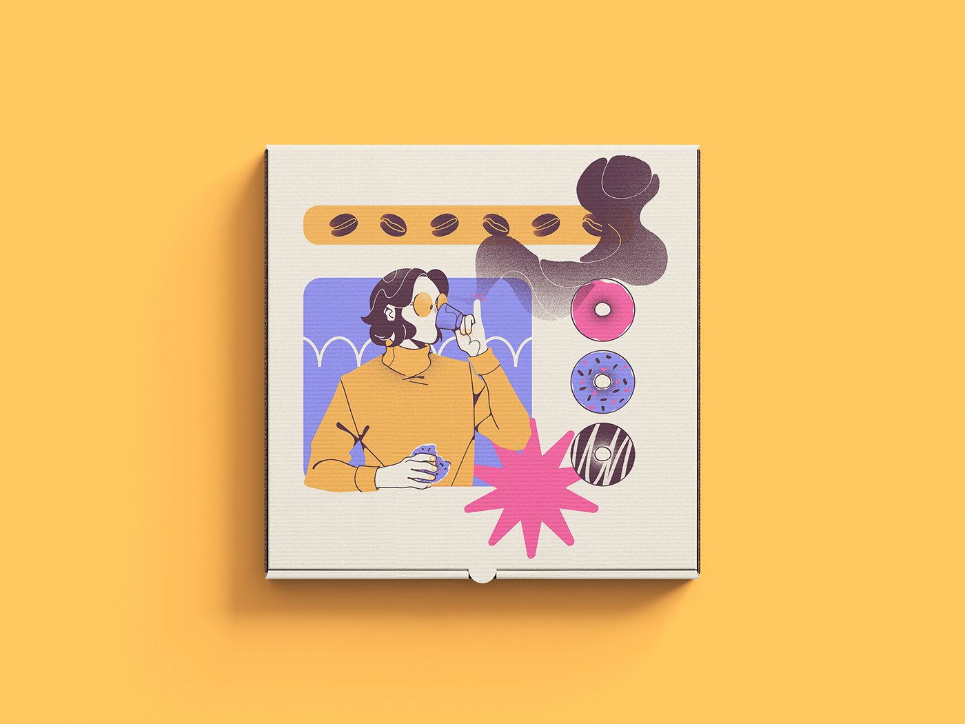 Box mockup of the illustration montage of a girl drinking coffee and eating a donut