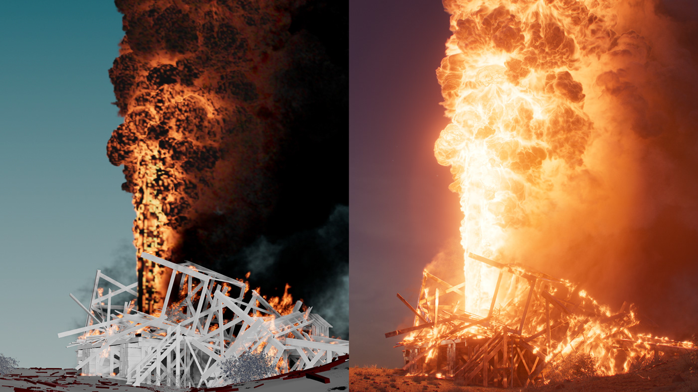 3D animation  explosion fire houdini Landscape Render simulation smoke vfx