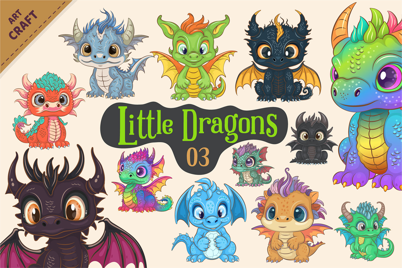 Bundle of cute cartoon Dragons, part 03, 12 pieces in total. Unique design, Fantasy mascot.