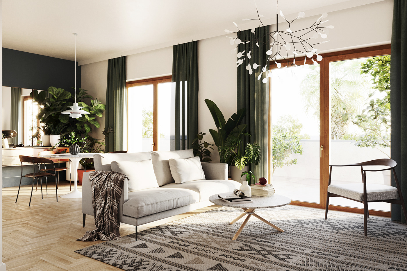 Scandinavian visualization interior design  apartment modern kitchen living room bookcase furniture Render