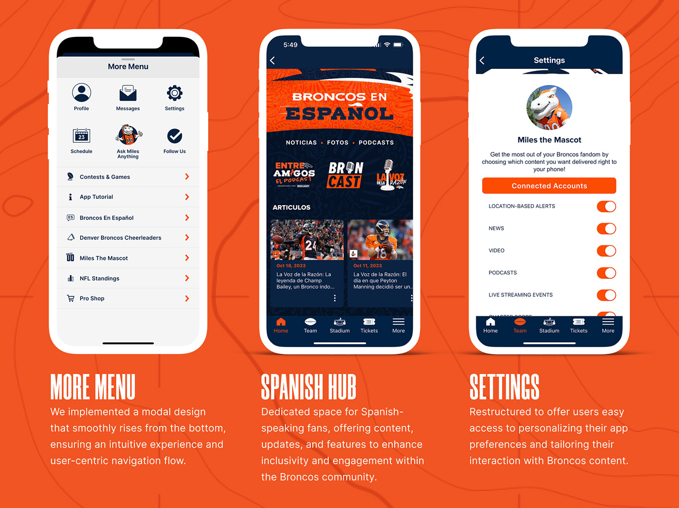 app design UI/UX Figma ui design Mobile app user experience nfl Sports Design Denver Broncos football