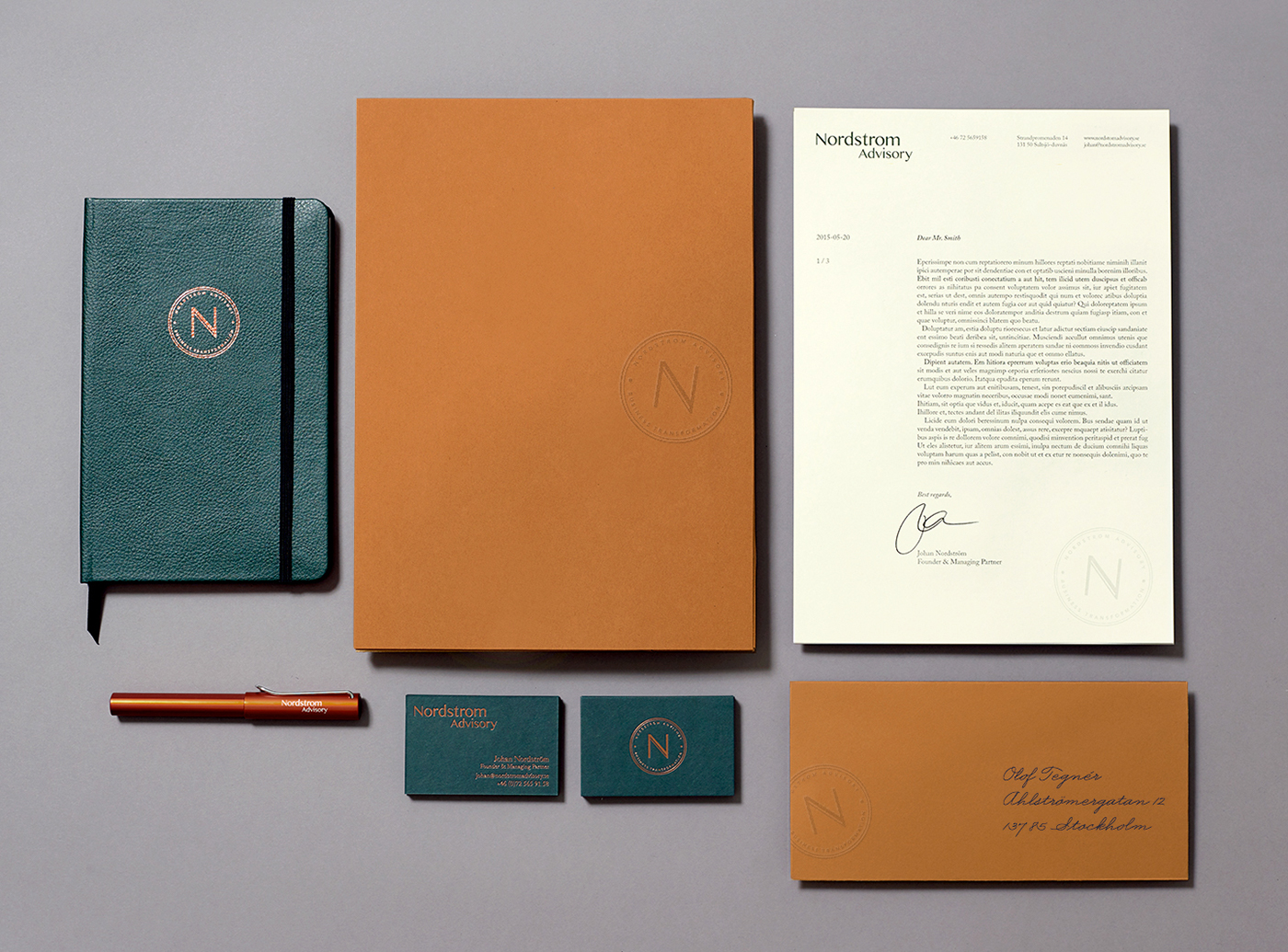 branding  identity copper foil embossing Racing Green under Stockholm Sweden finance