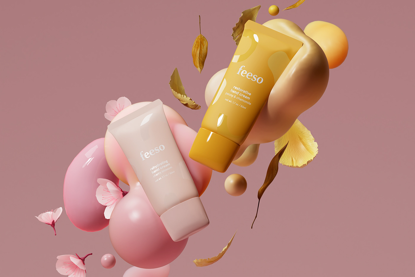 3d Visualisation 3D Visualization date of birth design feeso hand cream mimimal Packaging pink yellow
