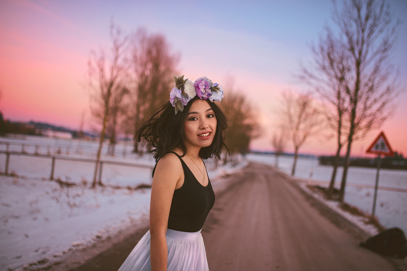 Fashion  winter tulle Photography  sunset asian girl snow lifestyle