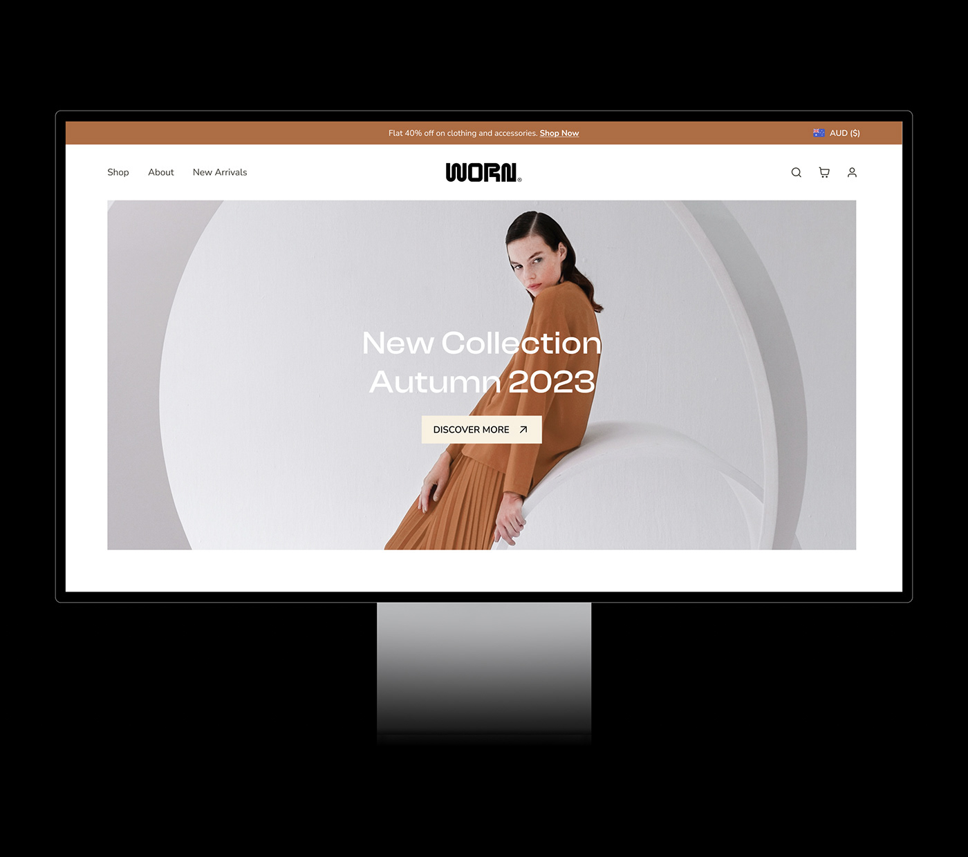 HERO section of WORN home page, women's fashion brand from Australia