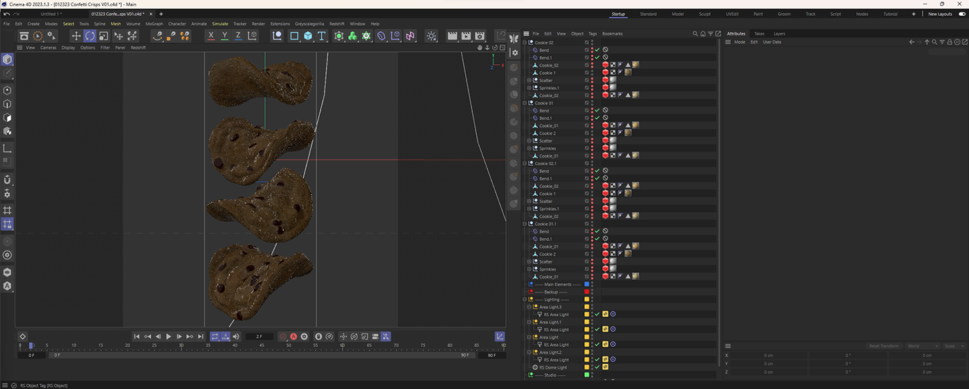 A screenshot of Cinema 4d showing 3d models of cookies