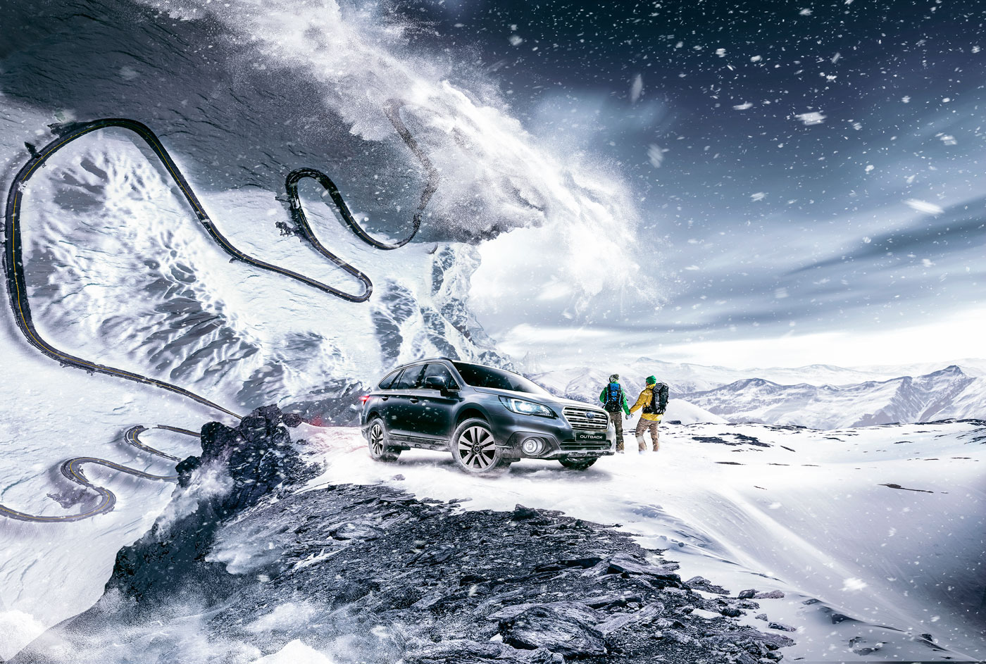 wave car Subaru 3D photoshop retouch Nature snow city
