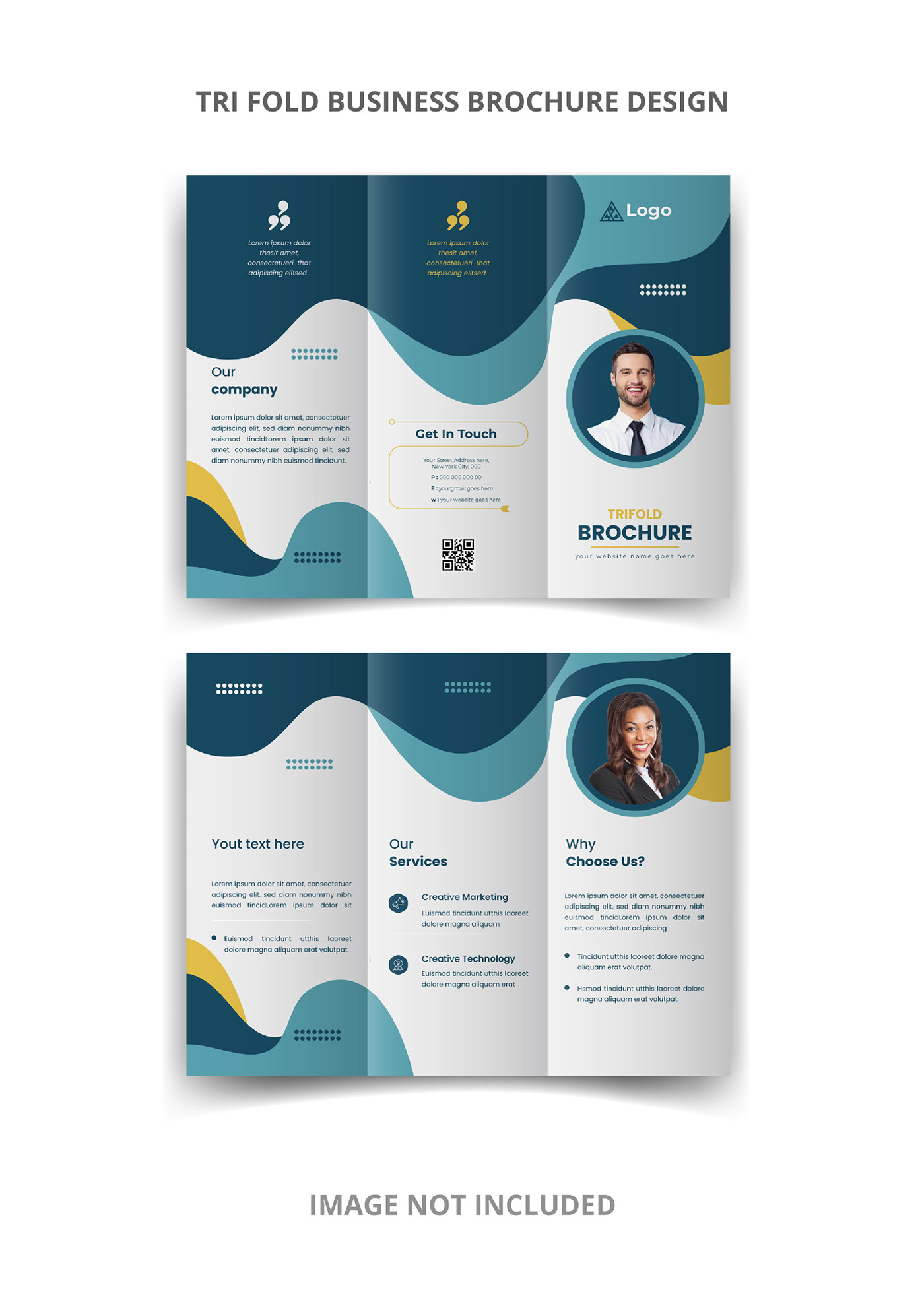 Creative and modern tri fold business brochure design with blue and yellow color 