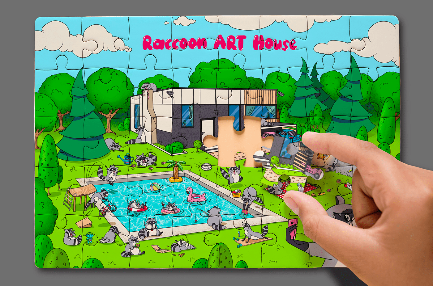 raccoon cartoon Pool forest house wimmelbook puzzle Digital Art  ILLUSTRATION  Fun