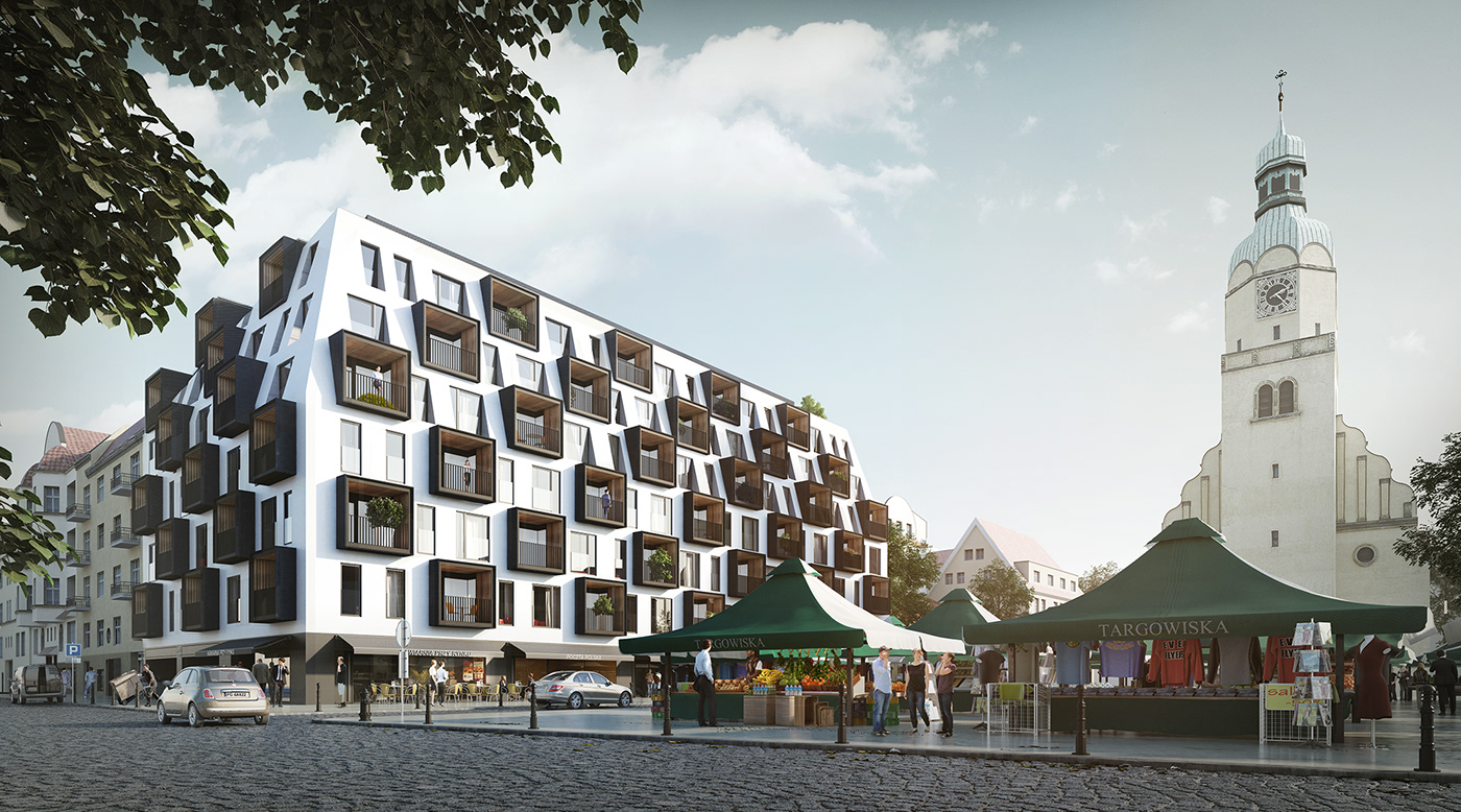 old town housing poznan market V-ray 3ds max white building