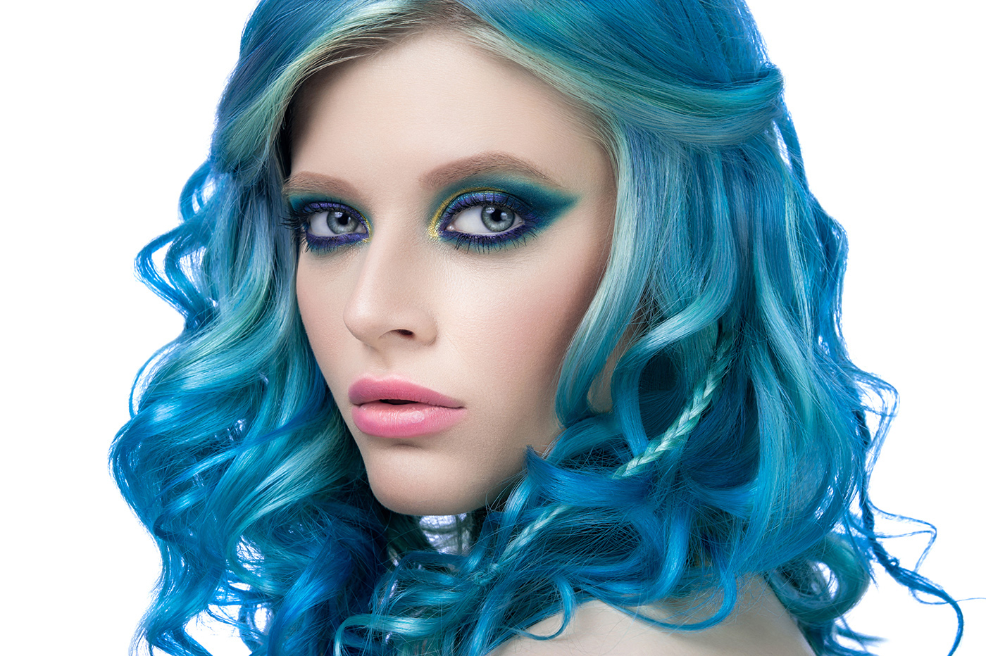 ad advertisement portrait hair Make Up retouch model face eyes lips cyan blue aquamarine kiev ukraine