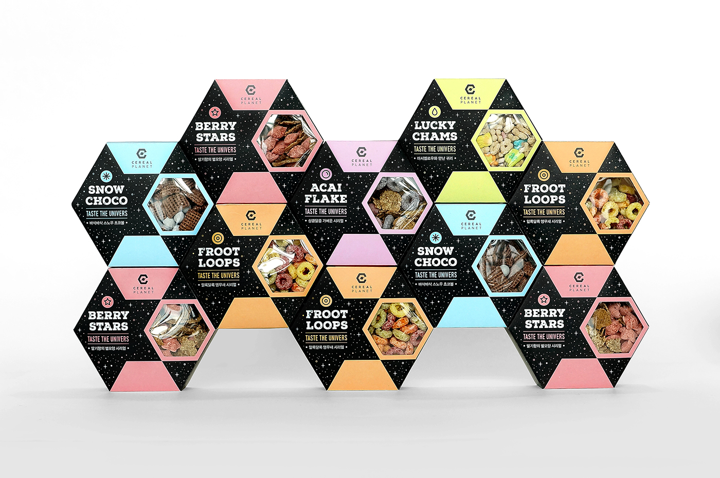 hexagon Cereal Hexagon Design cereal design cereal package star Space  identity logo Packaging Structural structure universe graphic design  creative