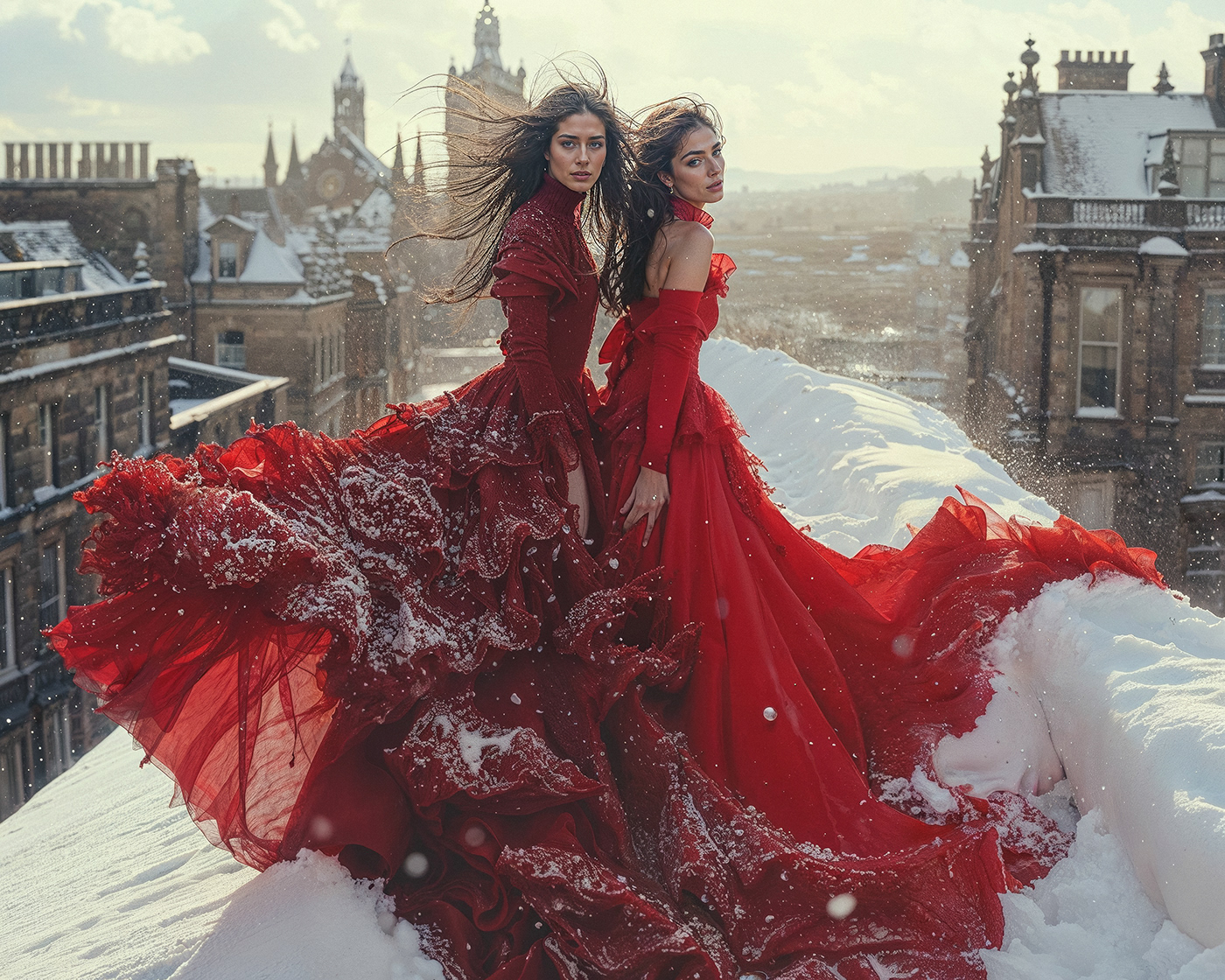 snow tiger edinburgh red dress scotland winter ai beauty models