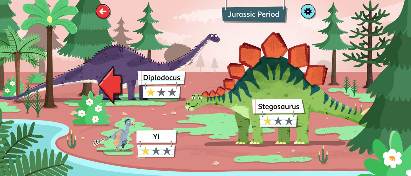 A close up of the Jurassic period, showing a Diplodocus, Stegosaurus and Yi.