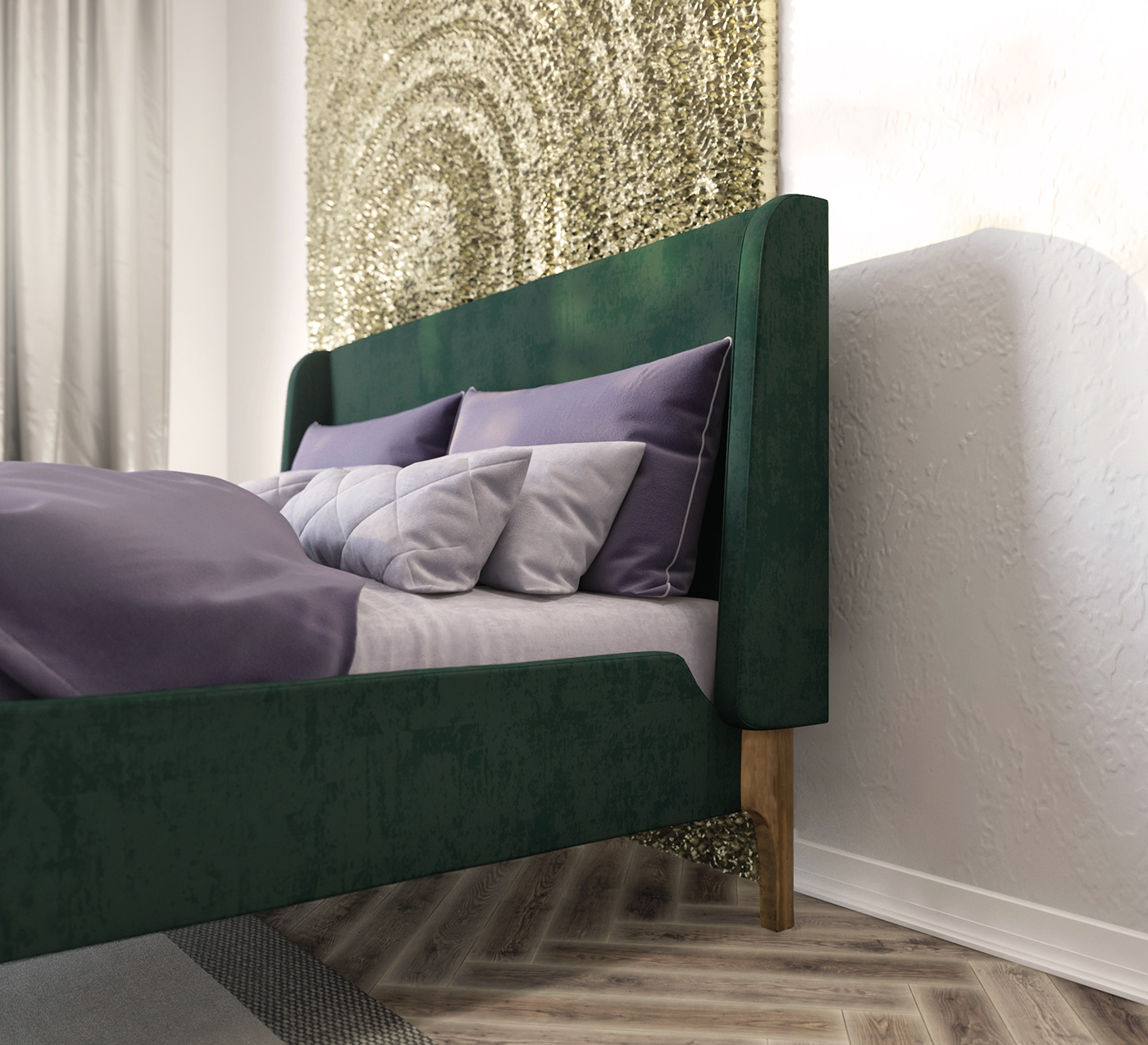 bed milan green wood modern fabric soft cover bedroom Interior furniture CGI 3drender 3D Modelling