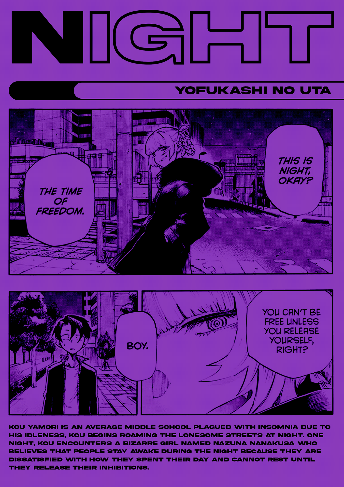 poster Poster Design manga Manga Style yofukashi no uta anime