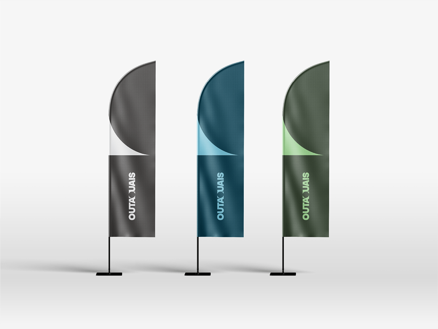 A series of three flags displaying the brand colors