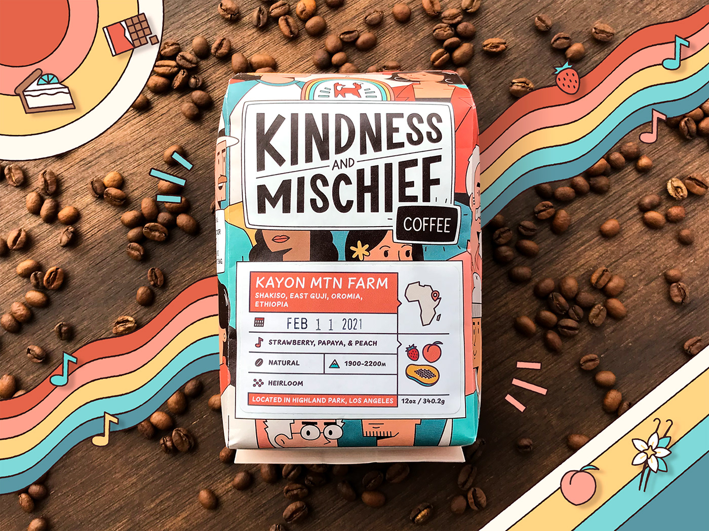 Photograph of a coffee bag that was designed for Kindness and Mischief Coffee in Los Angeles