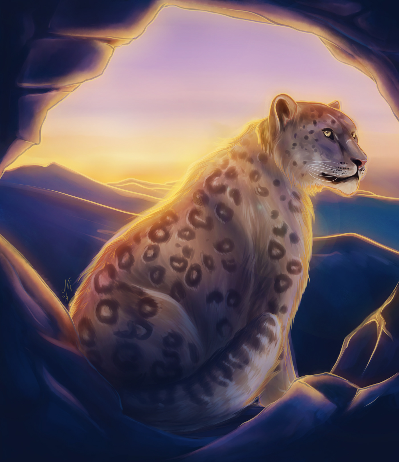 Snow Leopard ILLUSTRATION  KWF Cat mountain sunlight Sun graphic design  merchandise colour