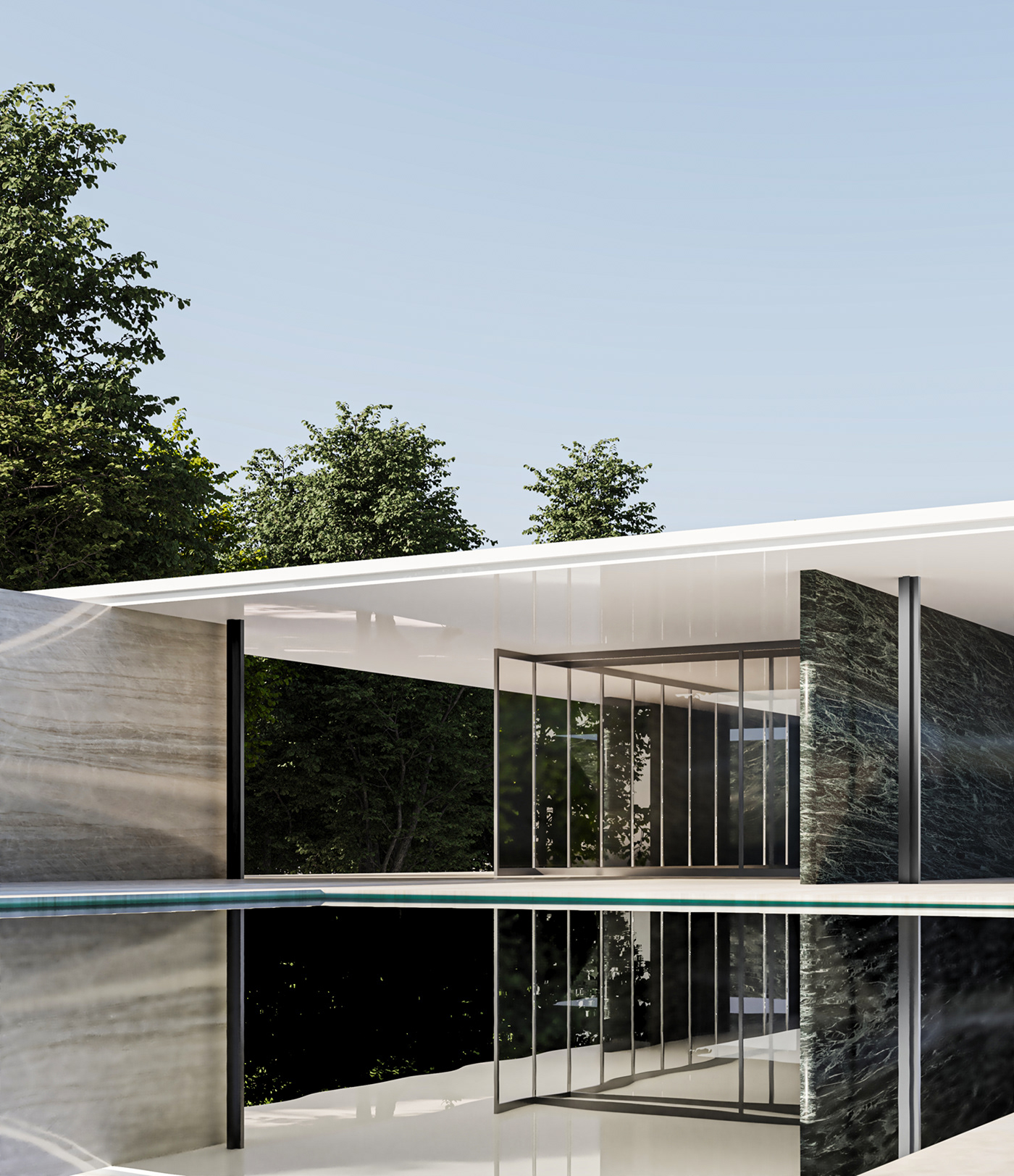 3D Render architecture vray 3dsmax mies van der rohe Barcelona Pavilion visualization exterior modern