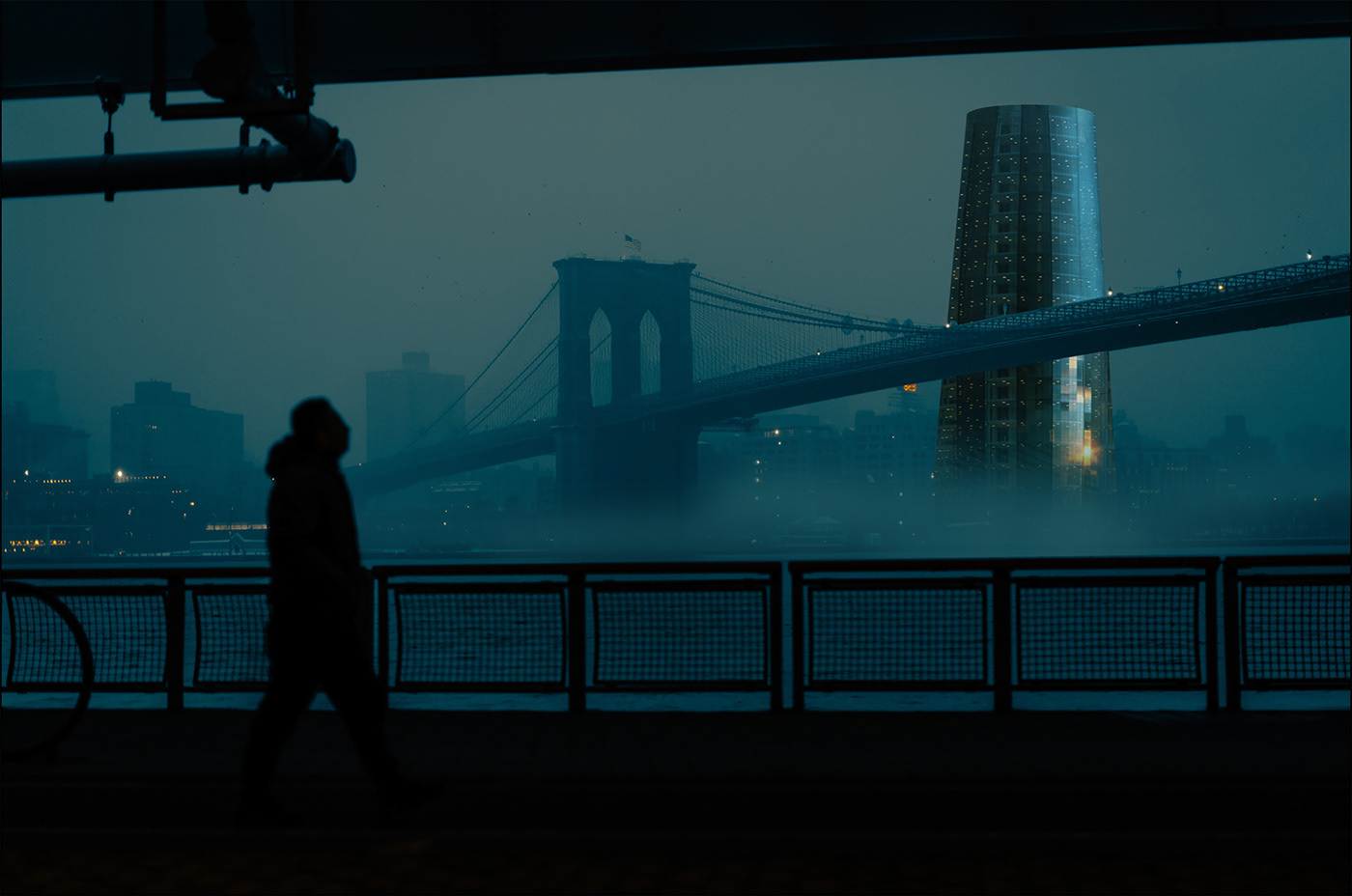 Image may contain: bridge, fog and city