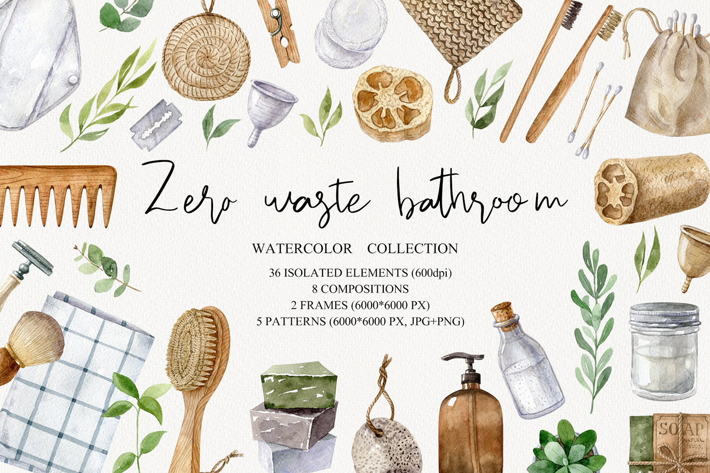 zero waste aesthetics eco-friendly bathroom accessories watercolor waste-free ecological reusable ILLUSTRATION 
