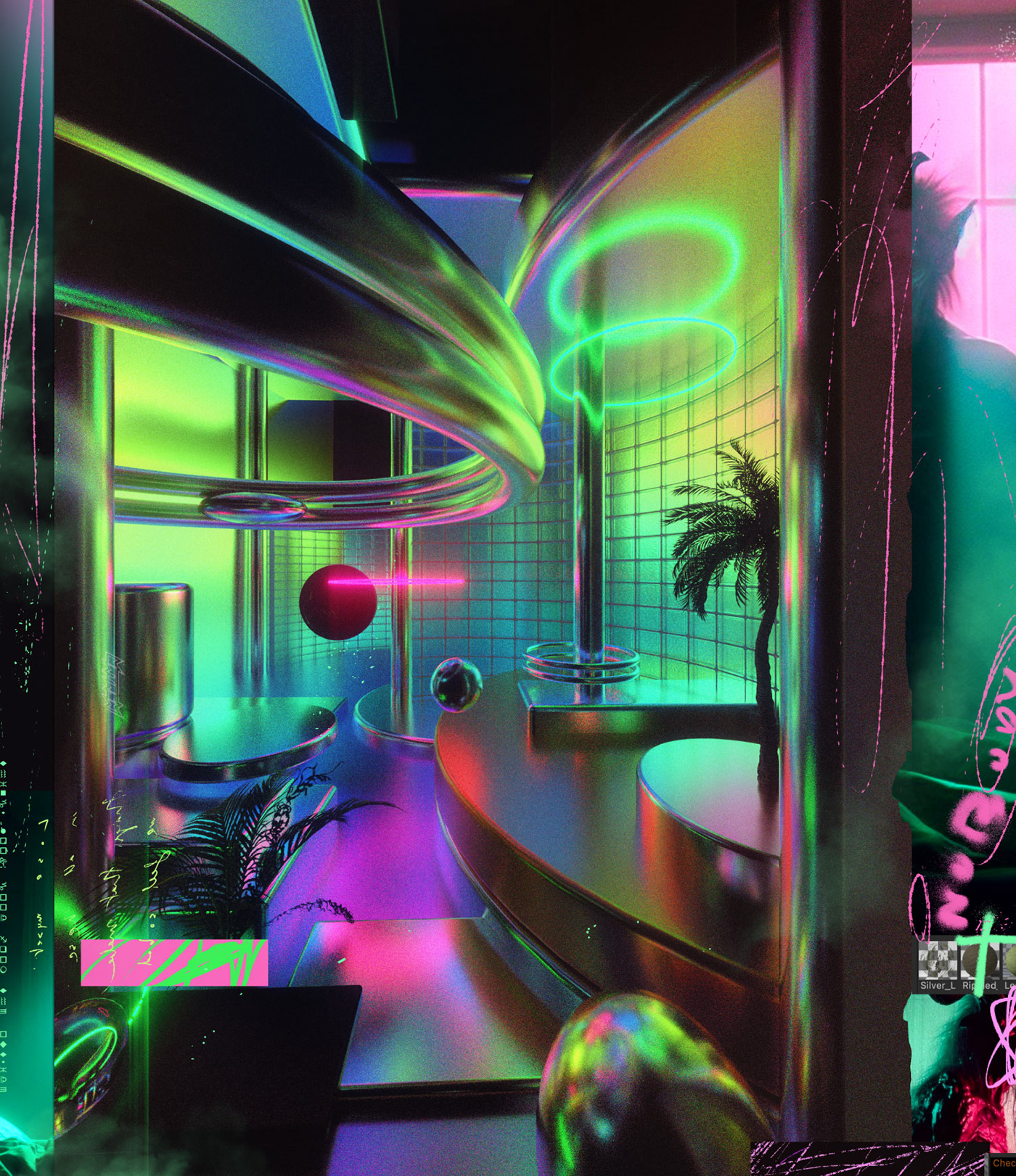 3D cinema 4d Retro retrowave grunge collage Render Synthwave 80s neon