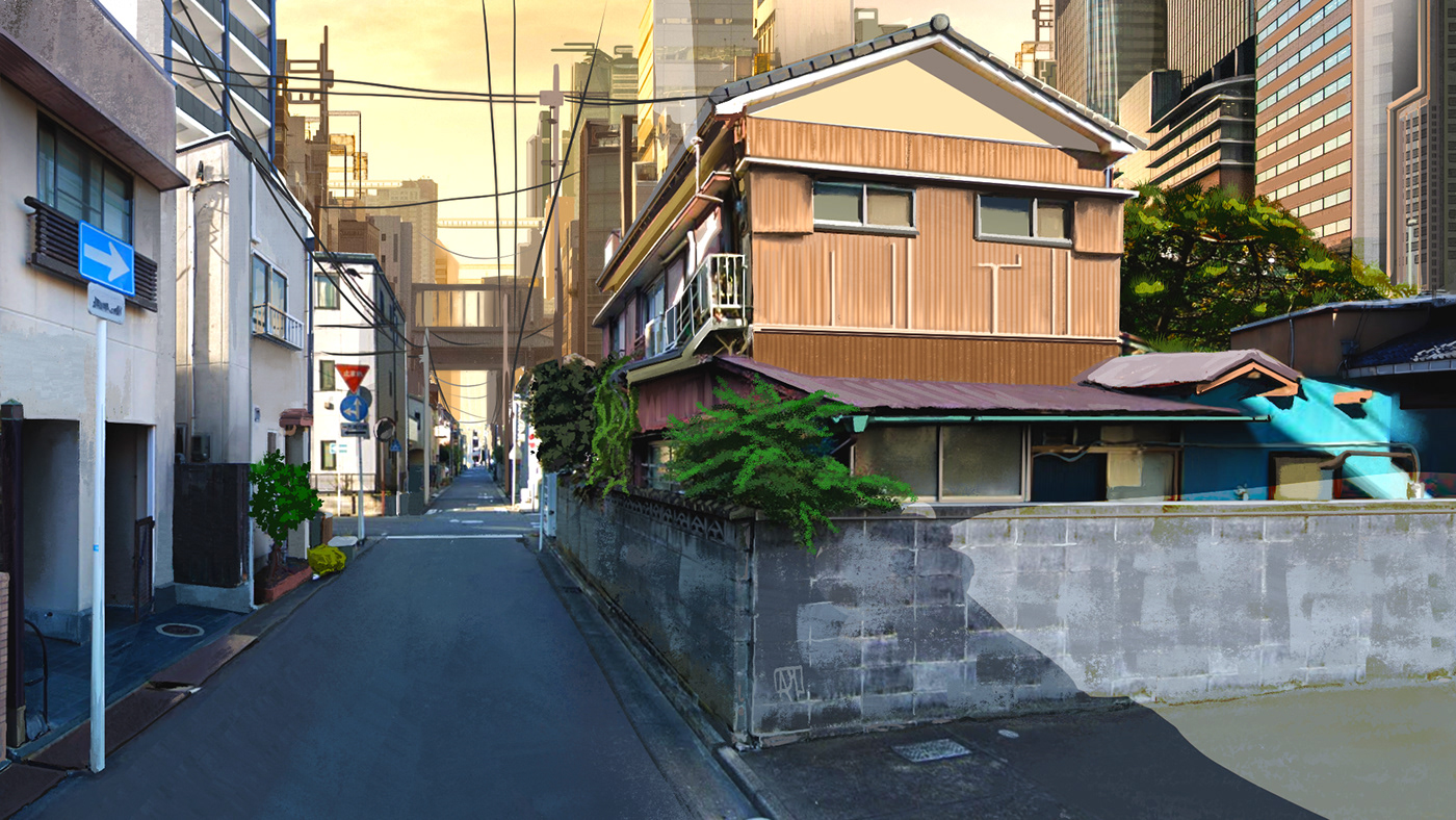 Street city anime background sunset japan digital illustration Colourful  Sunny summer