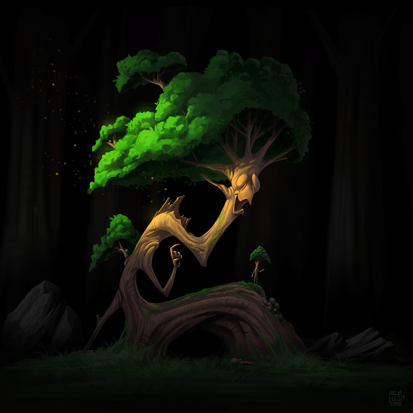black cartoon Character design  Digital Art  forest ILLUSTRATION  light painting   Tree  venerable