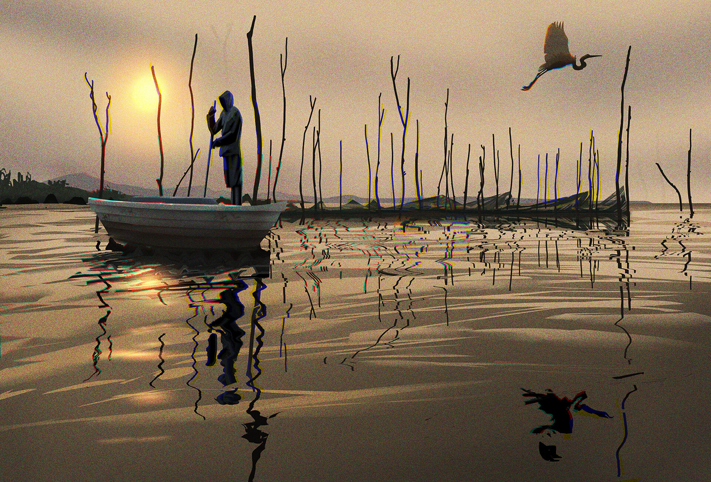 birds Boats colorsketch DAWN DUSK Fisherman fishing reflections river water