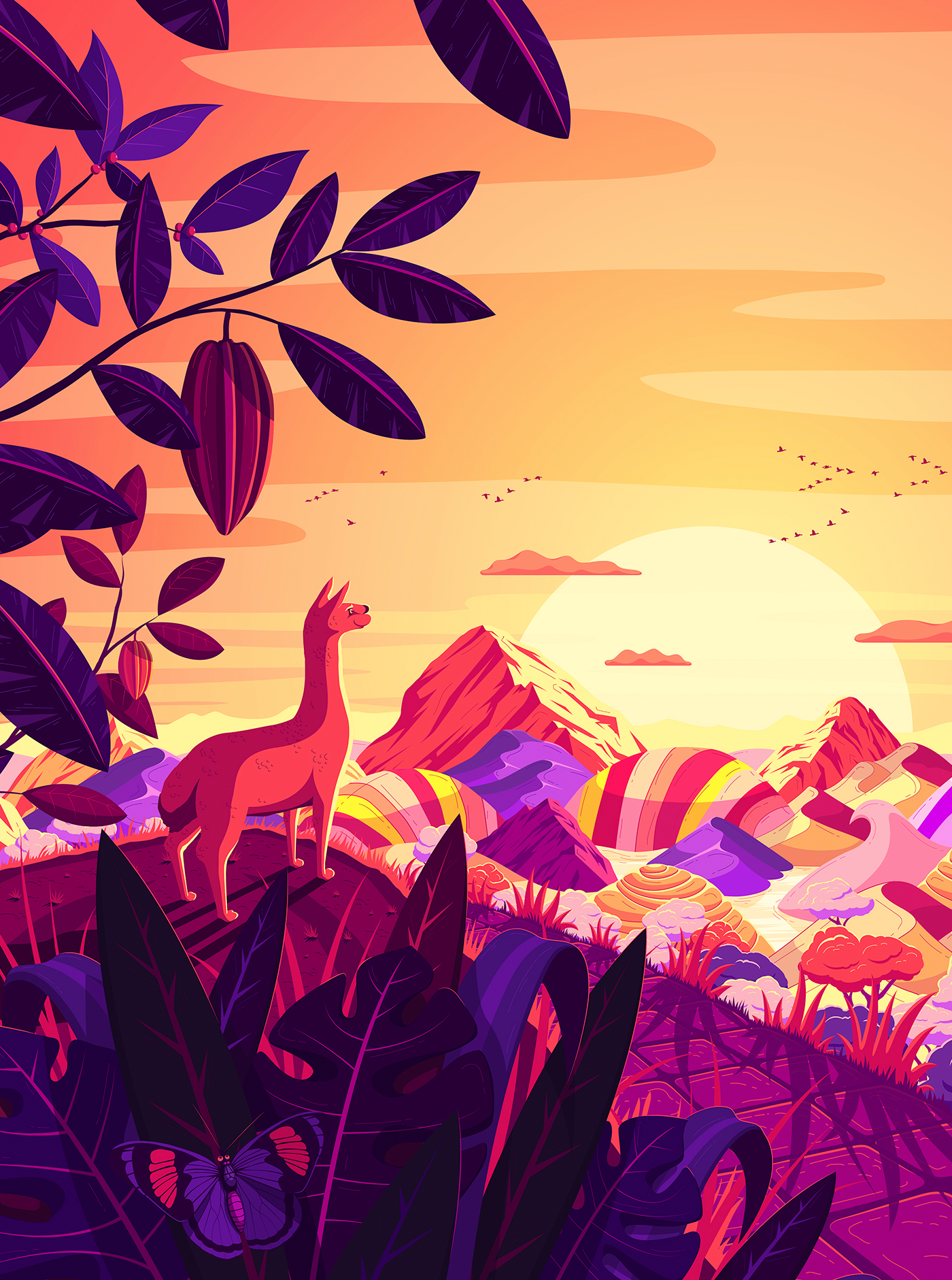 ILLUSTRATION  vector Nature animals Digital Art  graphic design  colours colorful sunset purple