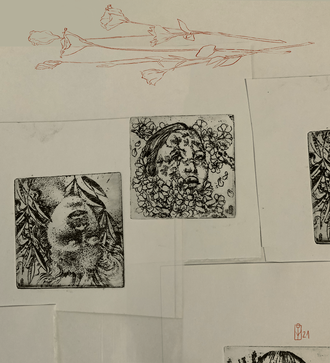 Chrysanthemum copperplate digital etching lisianthus mixed media peony printmaking Procreate traditional and digital