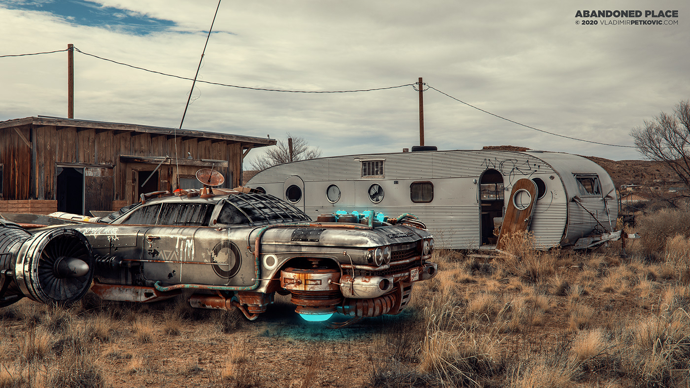 arizona Scifi car cadillac wasteland desert trailer RV abandoned lost