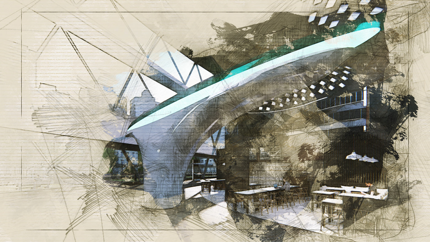 free Form pillar Render design architecture sketch center rendering Shopping