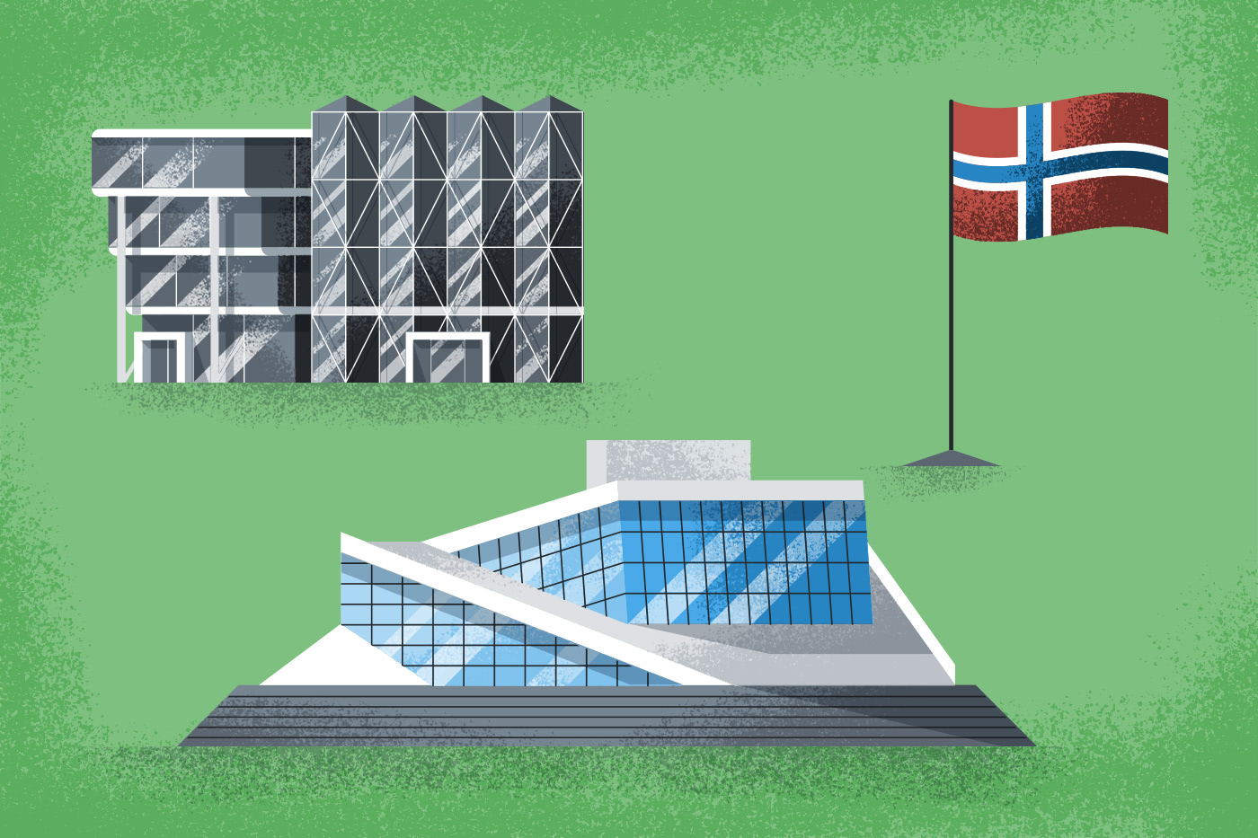 Illustrated icons of Oslo’s opera house and Felix conference center by Adrian Bauer