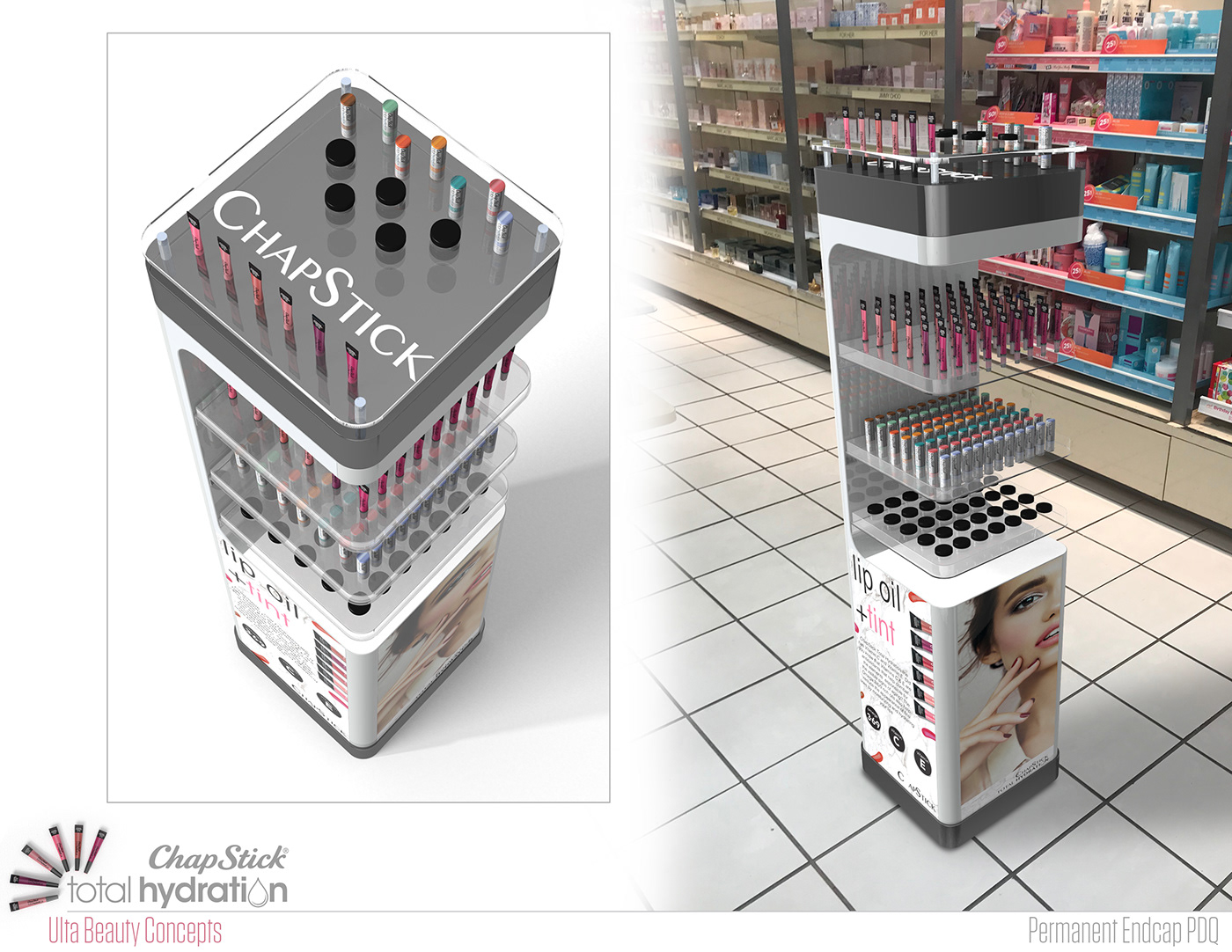 3D chapstick concept Cosmetic Display ideation Render Retail Ulta