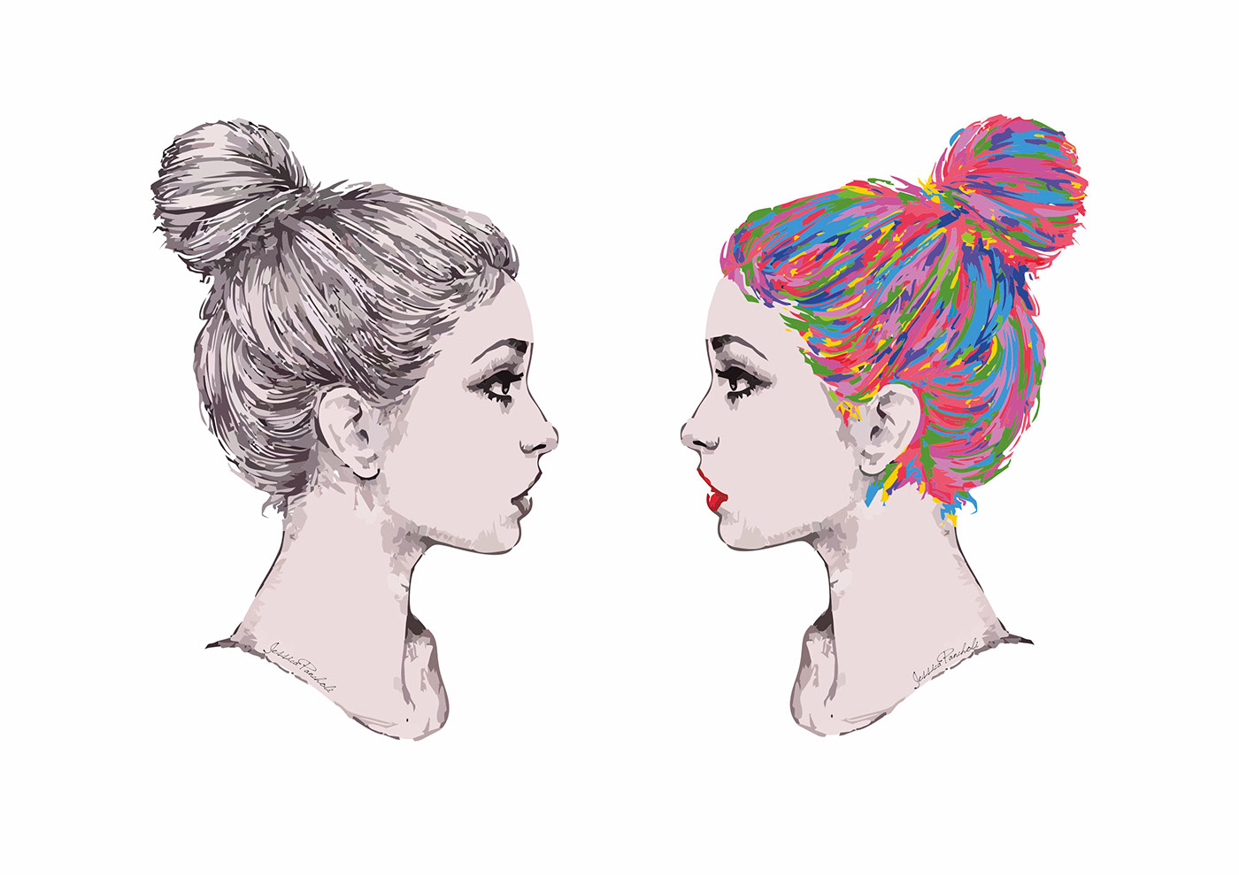 Digital Drawing colors Messy Bun girls vector